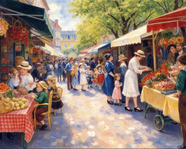 Vibrant Market Scene with Colorful Stalls and Families