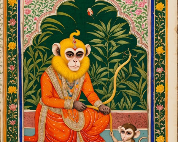 Regal Monkey in Ornate Robe Amidst Lush Foliage