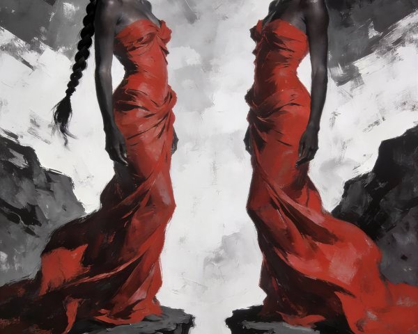 Women in Red Dresses Against Grayscale Background