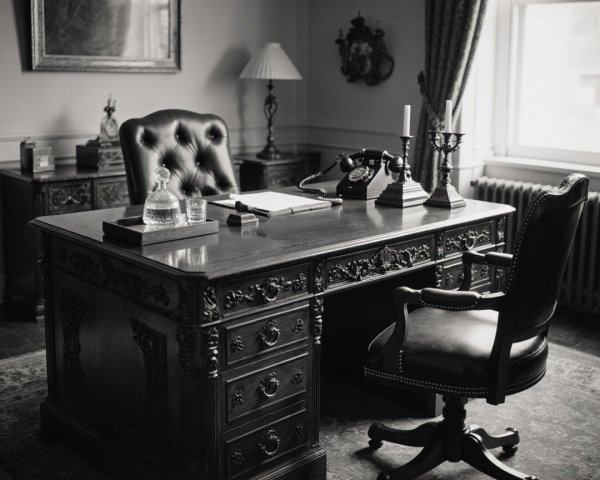 Elegant Office with Ornate Desk and Leather Chair