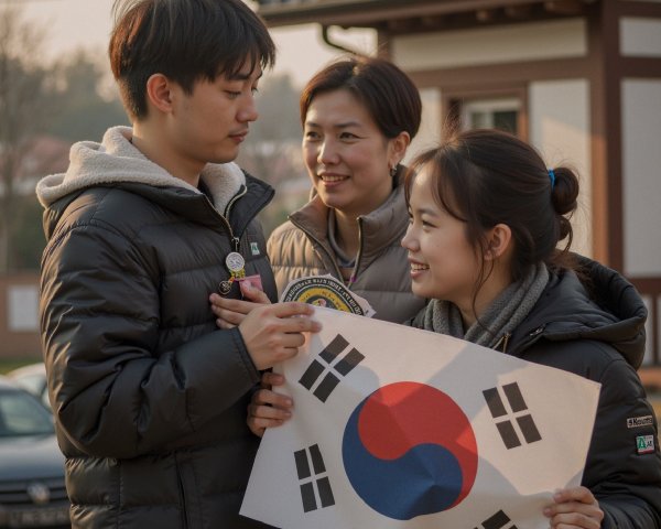 Man in Black Puffer Jacket Hands Korean Flag to Woman