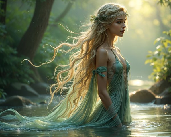 Serene Young Woman in Misty Forest Stream Scene