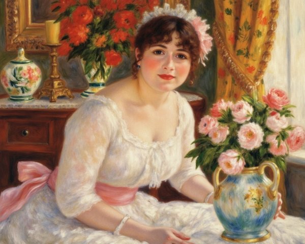 Young woman in white dress among vibrant flowers