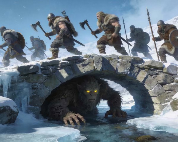 Vikings Running on a Stone Bridge Over Frozen River