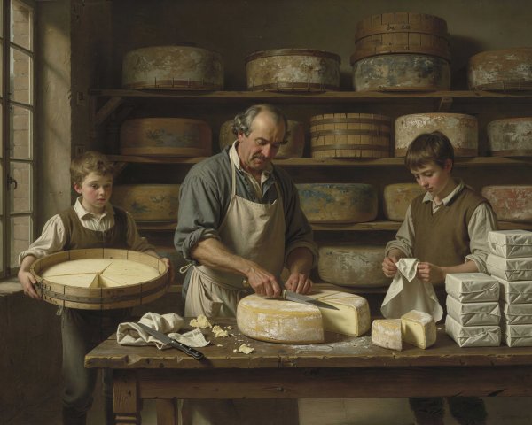 Dutch Gouda Cheese Shop with Workers and Shelves