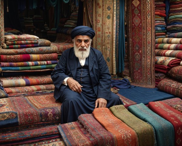 Elderly Man Surrounded by Colorful Carpets in Market
