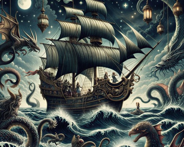 Mystical Night Scene with Ship and Sea Creatures