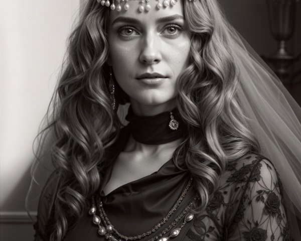 Woman in vintage gown with pearl headpiece and veil