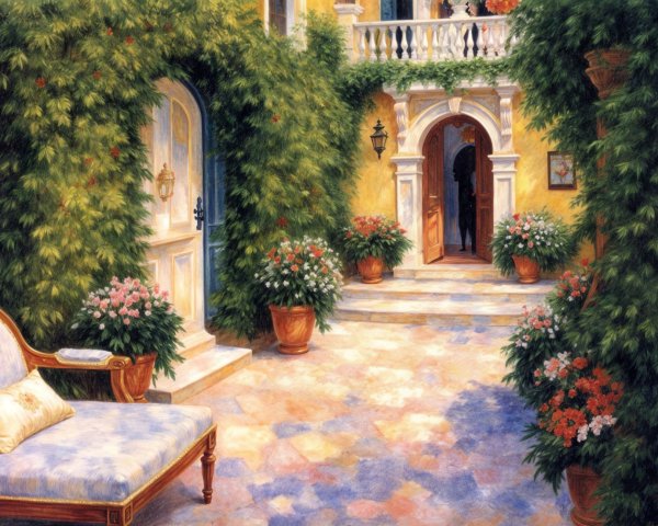 Charming Courtyard with Yellow Walls and Greenery