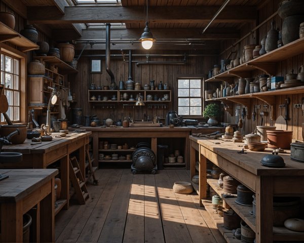 Rustic Workshop with Handmade Pottery and Tools