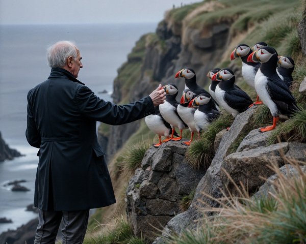 Man in Dark Coat Interacts with Puffins on Cliff Edge
