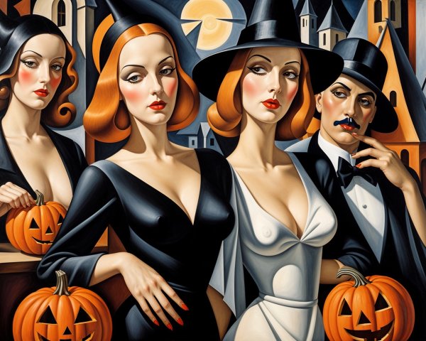 Glamorous Vintage Halloween Scene with Stylish Figures