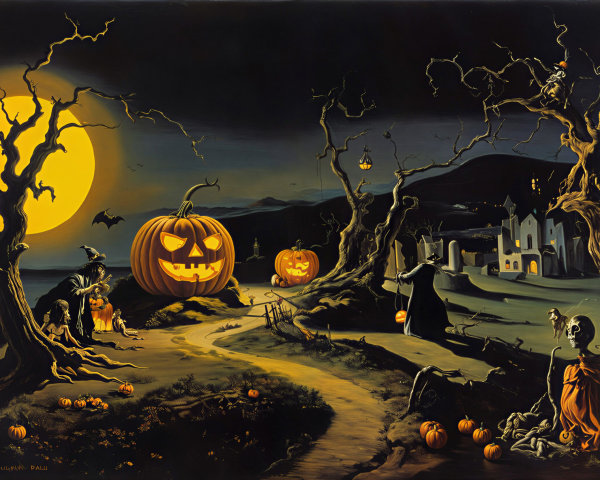 Spooky Halloween Night with Eerie Moon and Pumpkins