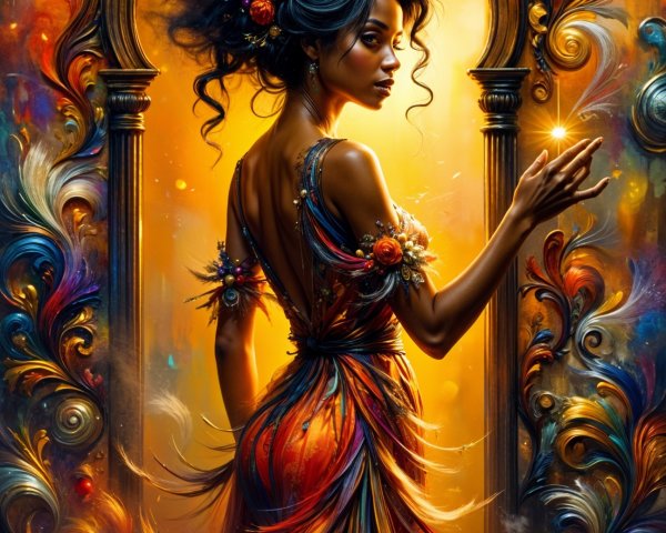 Vibrant Figure in Flowing Gown with Floral Crown