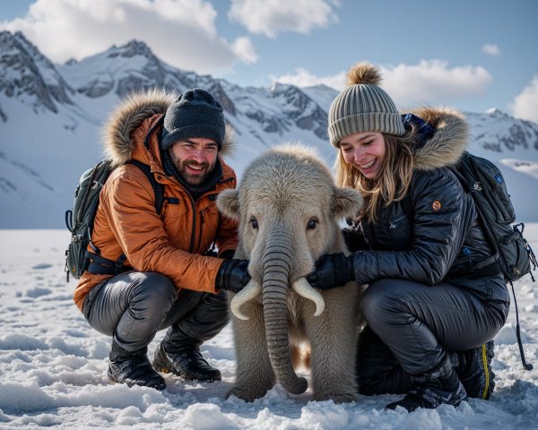 Couple and Elephant in Snowy Mountain Landscape