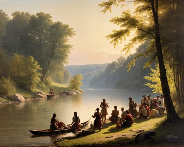 Tranquil Riverside Scene at Dusk with Gathered People