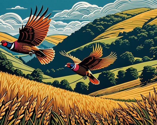 Vibrant Birds in Flight Over Golden Wheat Field
