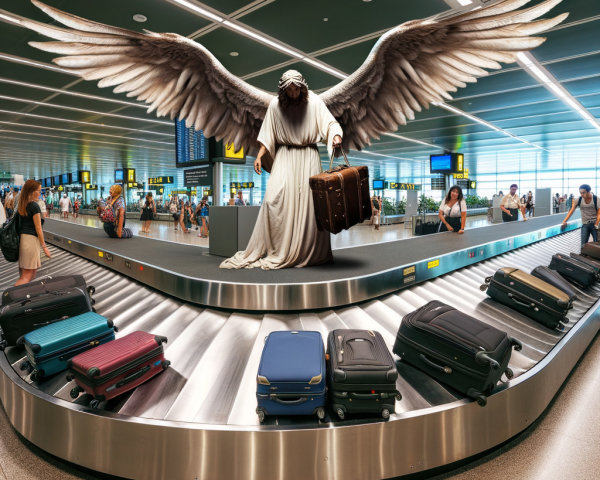 Majestic Figure with Wings at Busy Airport Baggage Claim