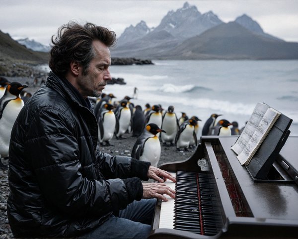 Man in Black Jacket Plays Piano on Rocky Beach