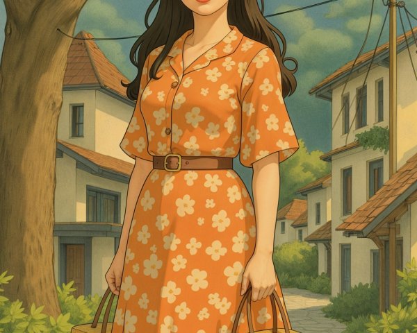 Young woman in vintage floral dress on charming street