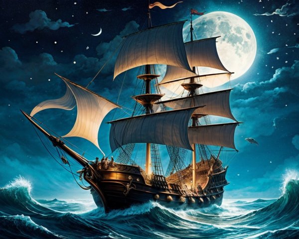 Majestic sailing ship on turbulent ocean under moonlight