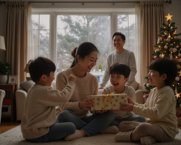 East Asian Family Celebrating in Decorated Living Room
