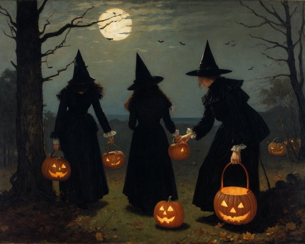 Figures in Black Dresses with Pumpkins in Moonlight