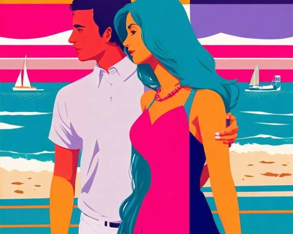 Stylized Couple by Beach with Vibrant Colors