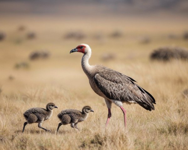 Adult bird with chicks in golden grassy landscape