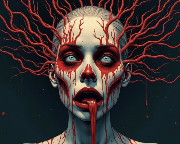 Haunting Figure with Pale Complexion and Red Tendrils