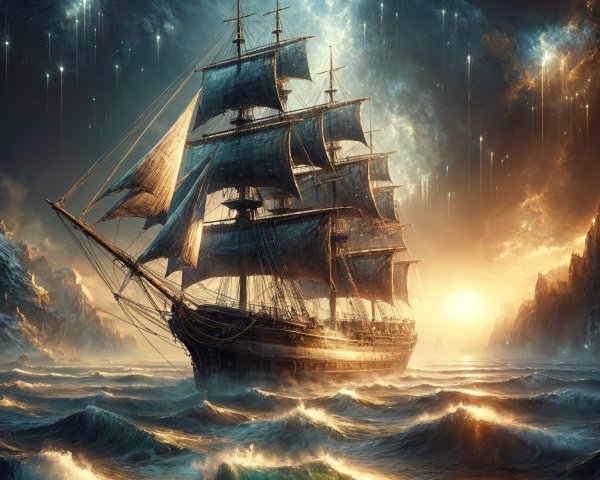 Tall Ship Sailing Through Turbulent Sunset Waters