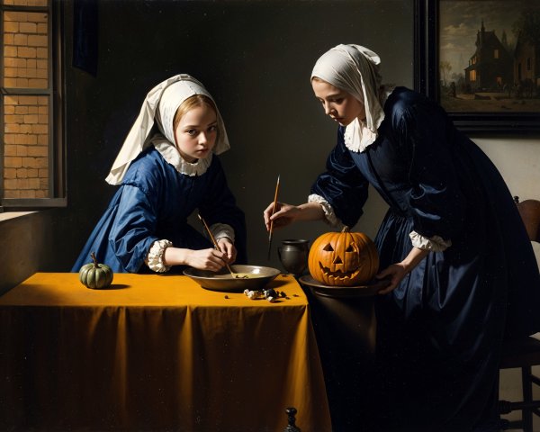 17th-Century Girls Carving Pumpkins and Cooking