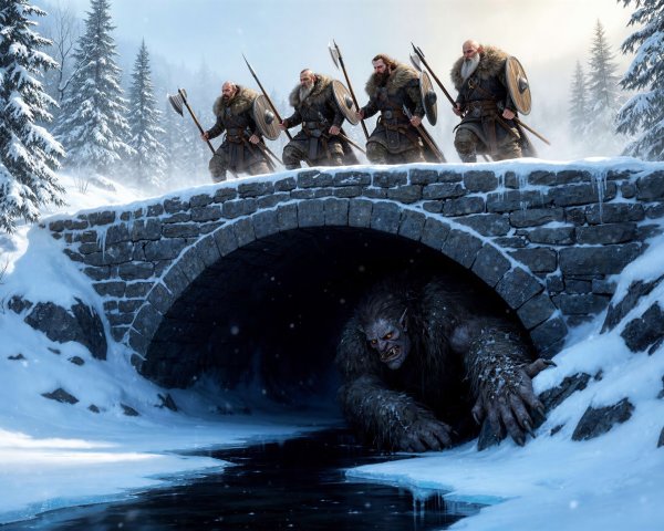 Vikings Crossing a Snowy Bridge with Monstrous Beast Below