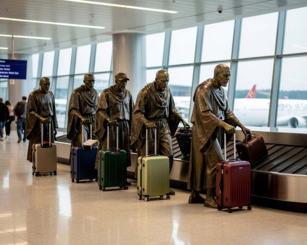 Bronze Statues of Cloaked Men at Airport Luggage Carousel