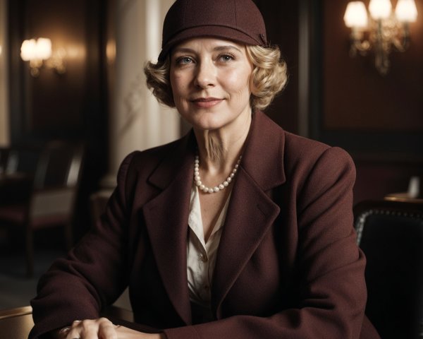Elegant Woman in Burgundy Coat at Upscale Table