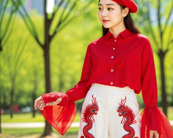 Young woman in red blouse and embroidered pants outdoors