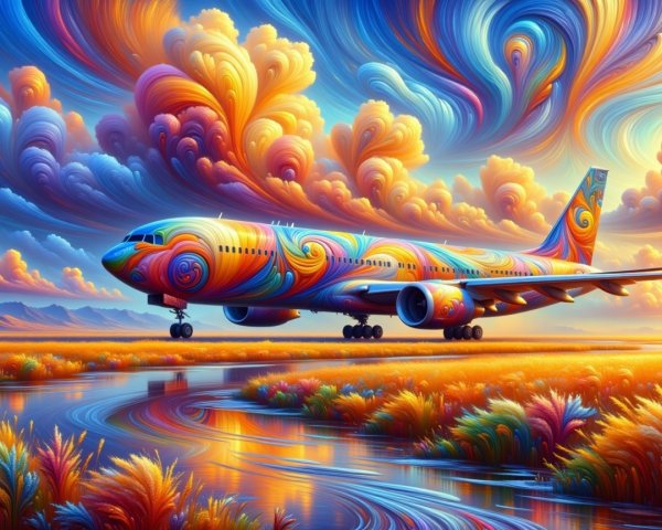 Psychedelic Digital Art of Airplane Over Reflective Water