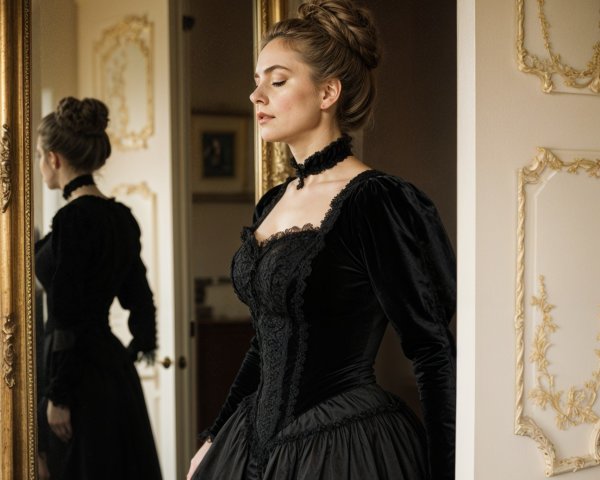 Elegant Woman in Vintage Setting with Black Gown