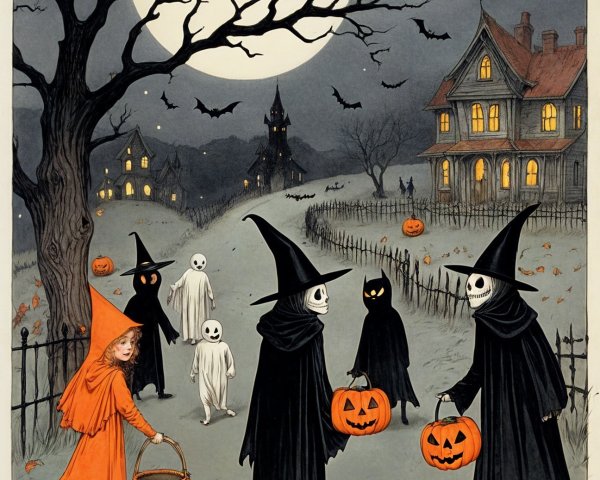 Moonlit Halloween Scene with Cloaked Figures and Bats