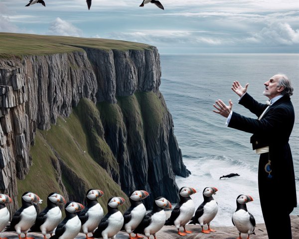 Coastal Scene with Puffins and Clifftop Gesture
