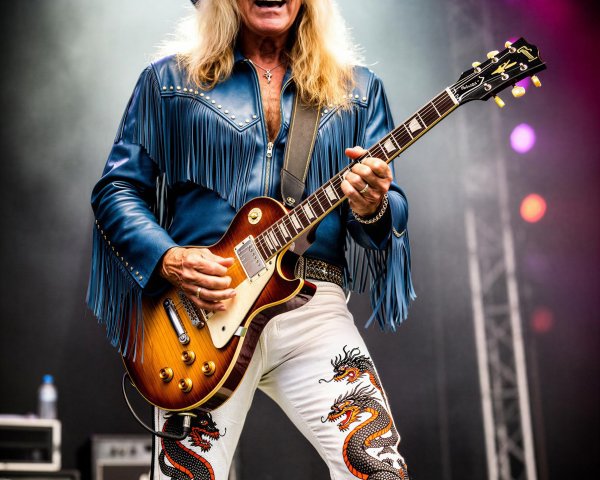 Older man in blue cowboy hat and fringed jacket on stage