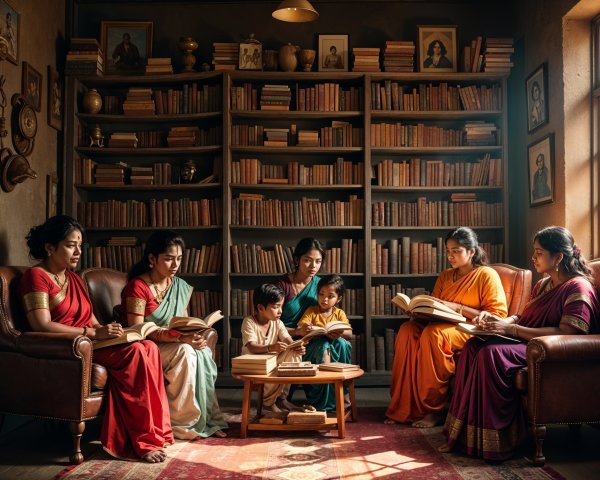 Women in Sarees Reading Together in Cozy Room