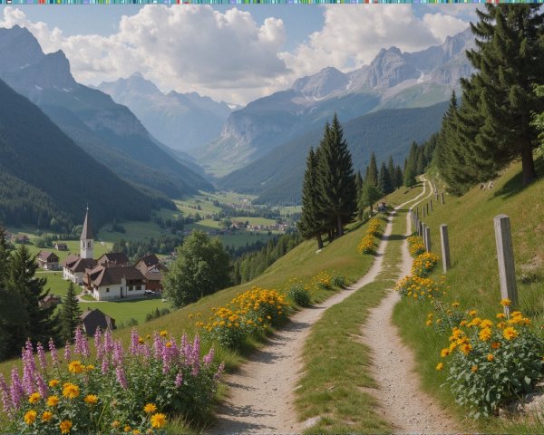 Village in a valley with mountains and wildflowers