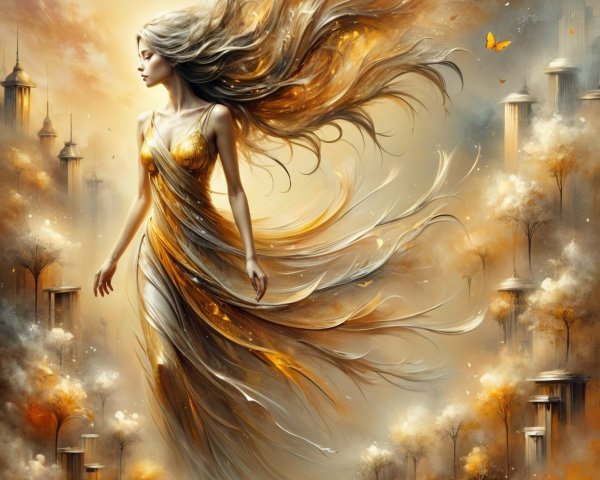 Graceful figure in gold gown in dreamlike landscape
