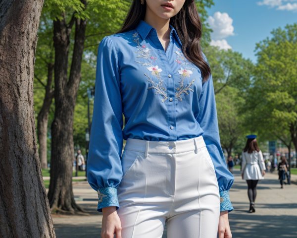 Fashionable Woman in Blue Blouse and White Trousers