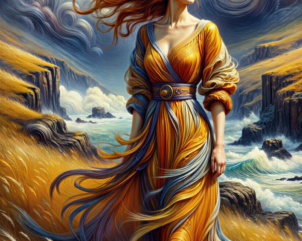 Woman in yellow dress amidst cliffs and waves