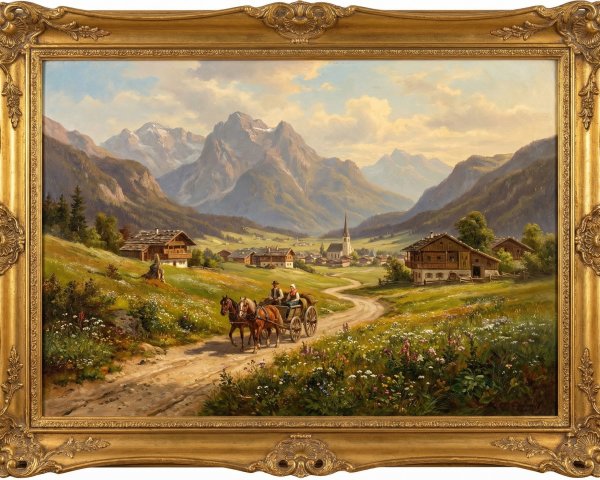 Alpine Valley Village with Mountains and Carriage