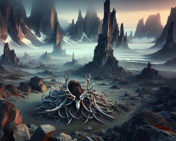 Majestic stag atop twisting roots in surreal landscape