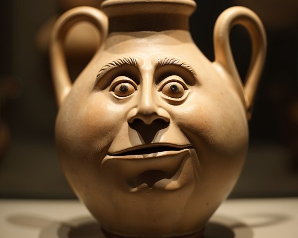 Unique clay pot with exaggerated facial features and handles
