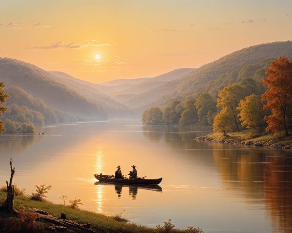 Canoe on River at Sunset Surrounded by Autumn Foliage